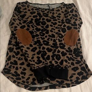 Pink Clover Brown and Black Leopard-Print Sweatshirt with Tan Elbow Patches